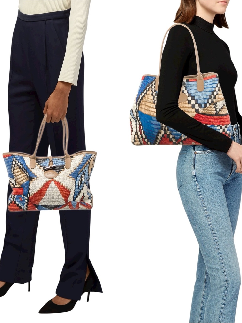 Longchamp Le Roseau Paniers d’Art Wicker Print Large Canvas / Leather Tote EUC